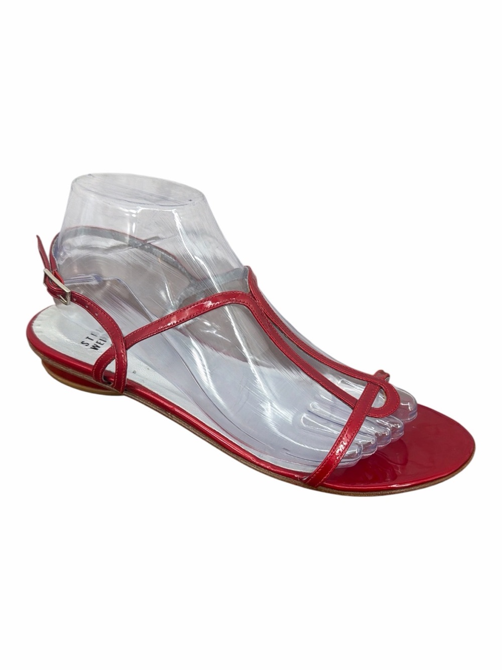 Stuart Weitzman Patent Leather T-Strap Flat Sandals Size 8.5 M Red VGC